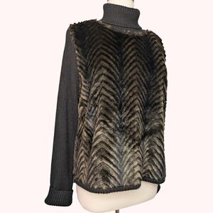Nina Leonard Chevron Faux Fur Wool Blend Contrast Turtleneck